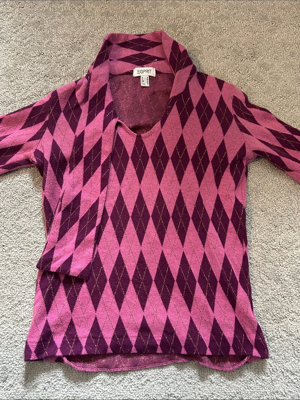 Esprit Pink and Purple Argyle V-Neck Sweater